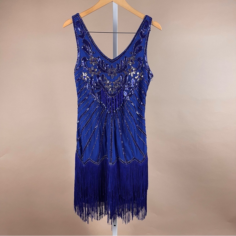Women's Medium Beaded Sequin Fringe Flapper 40s 50s Retro Vintage Dress